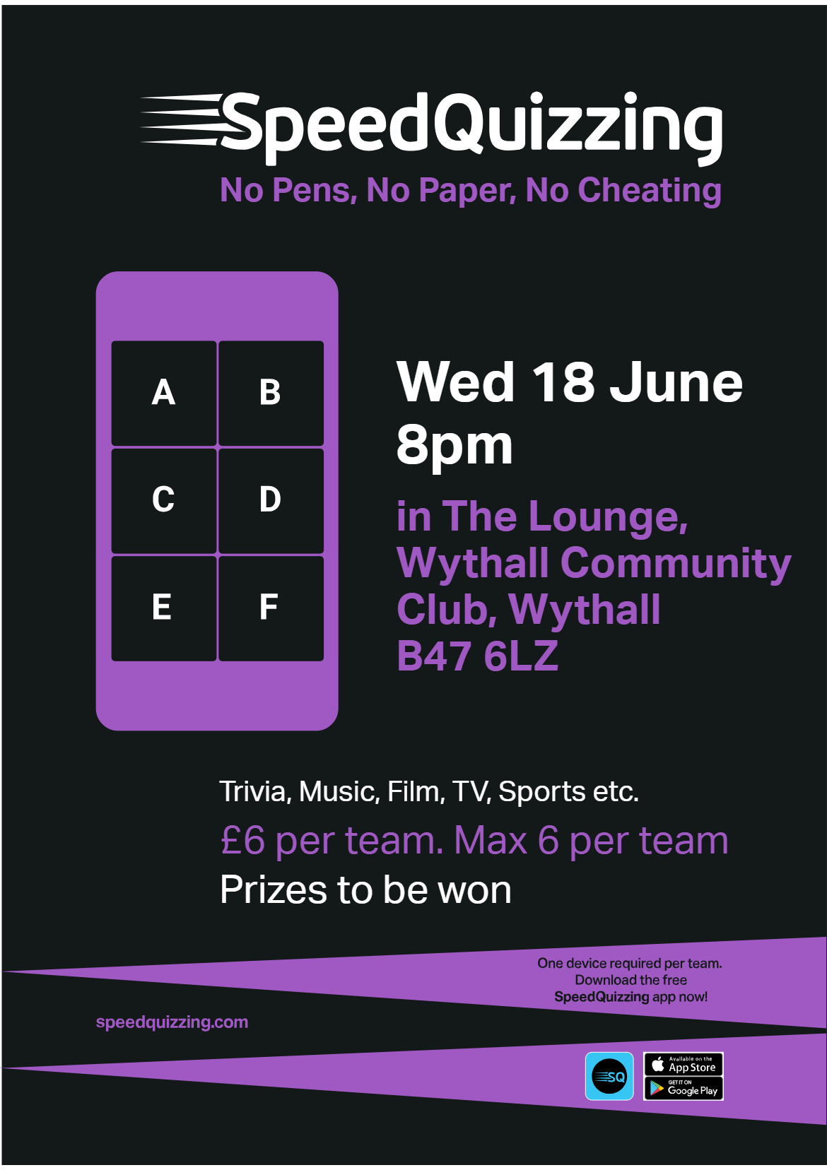 SpeedQuizzing in the Lounge Bar at Wythall Community Club on 18 June 2025 at 8pm. Non-members welcome.