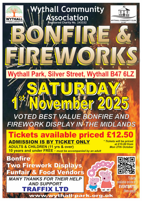 Wythall Bonfire and Fireworks Night Saturday 1 November 2025. Two displays.